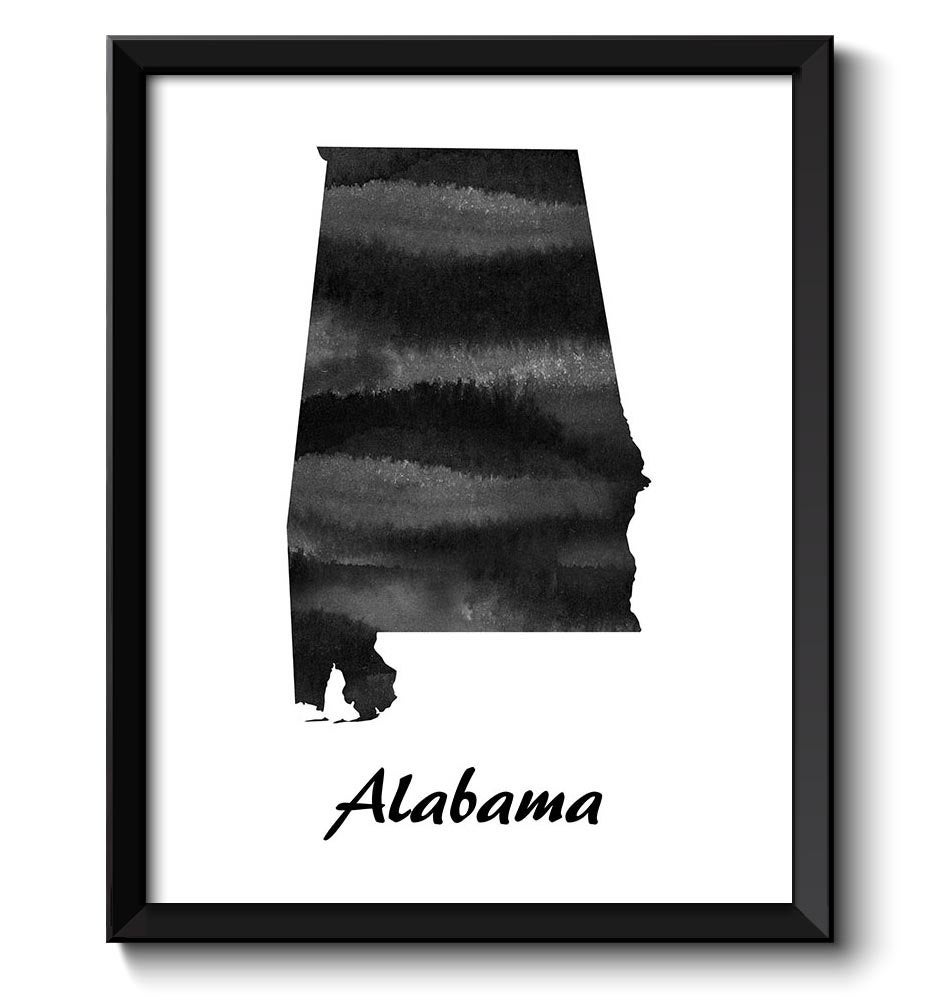 Alabama Map State Watercolor Painting Poster Print USA United States Abstract Landscape Art Black Wh