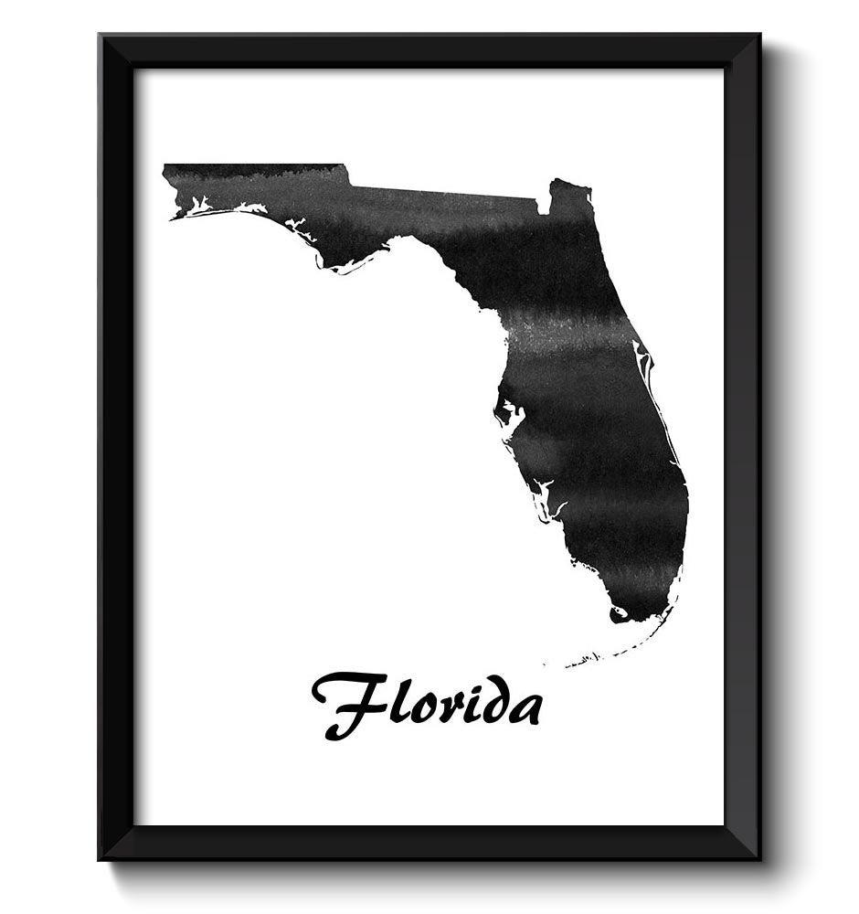 Florida Map State Watercolor Painting Poster Print USA United States Abstract Landscape Art Black Wh