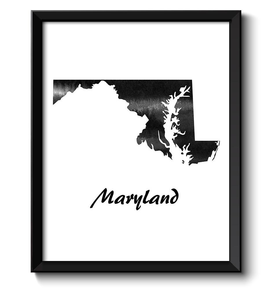 Maryland Map State Watercolor Painting Poster Print USA United States Abstract Landscape Art Black W