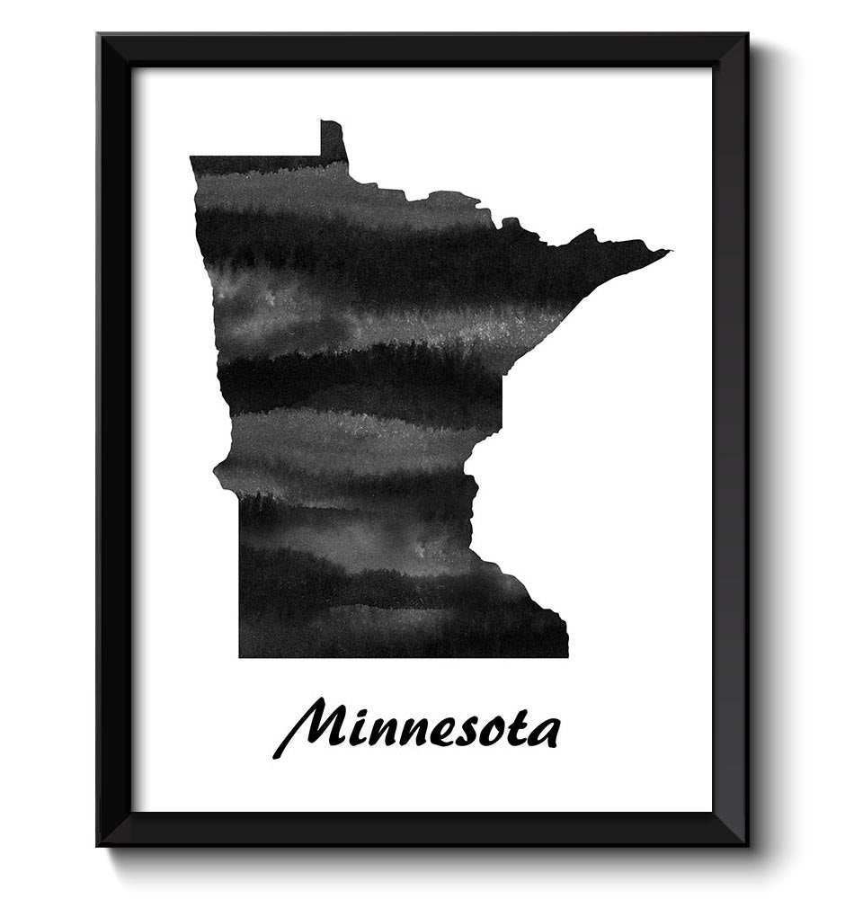 Minnesota Map State Watercolor Painting Poster Print USA United States Abstract Landscape Art Black 