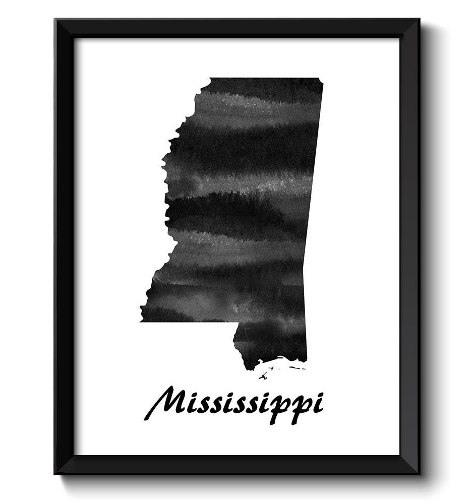 Mississippi Map State Watercolor Painting Poster Print USA United States Abstract Landscape Art Blac