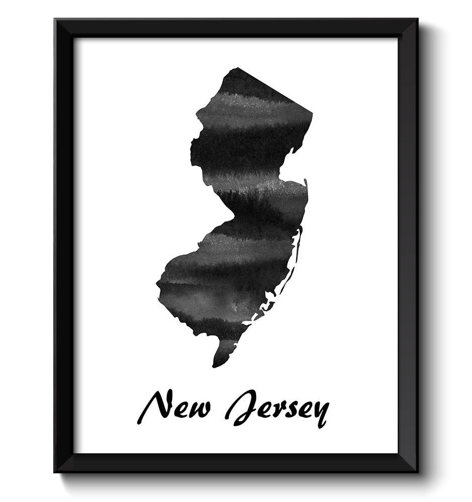 New Jersey Map State Watercolor Painting Poster Print USA United States Abstract Landscape Art Black