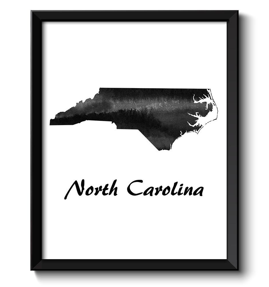 North Carolina Map State Watercolor Painting Poster Print USA United States Landscape Art Black Whit