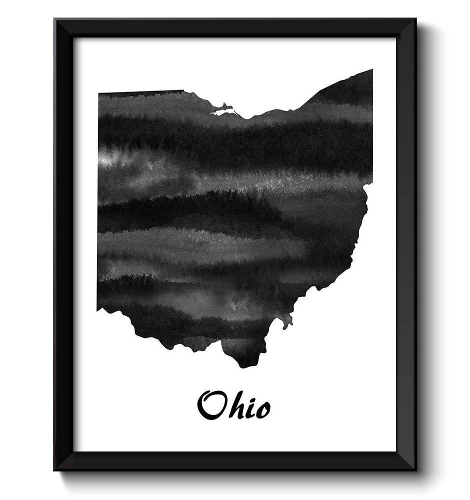 Ohio Map State Watercolor Painting Poster Print USA United States Modern Abstract Landscape Art Blac