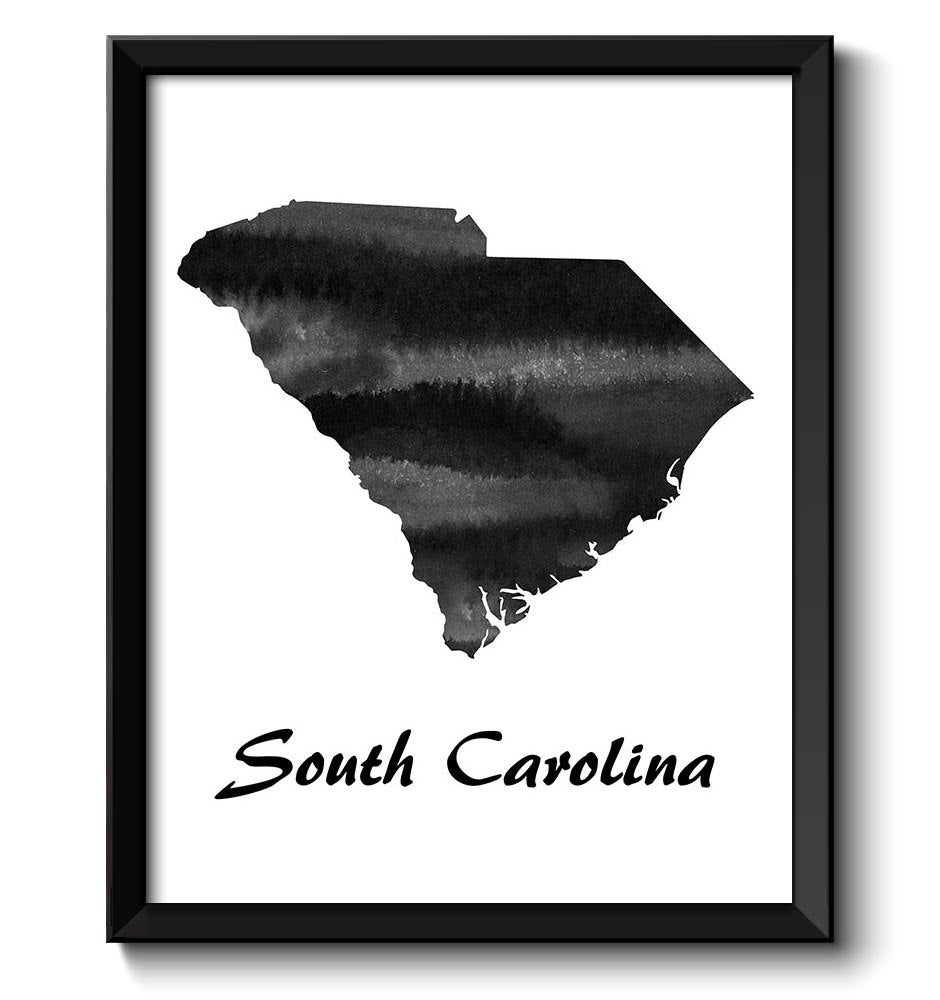 South Carolina Map State Watercolor Painting Poster Print USA United States Landscape Art Black Whit