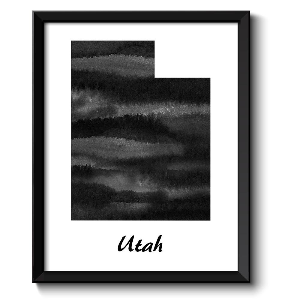 Utah Map State Watercolor Painting Poster Print USA United States Modern Abstract Landscape Art Blac