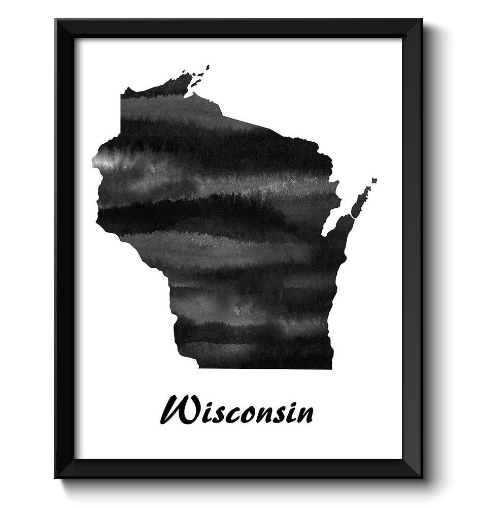 Wisconsin Map State Watercolor Painting Poster Print USA United States Abstract Landscape Art Black 