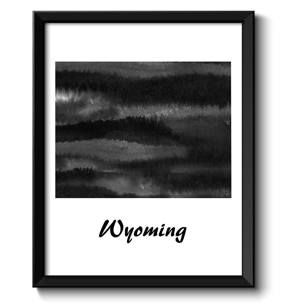 Wyoming Map State Watercolor Painting Poster Print USA United States Abstract Landscape Art Black Wh