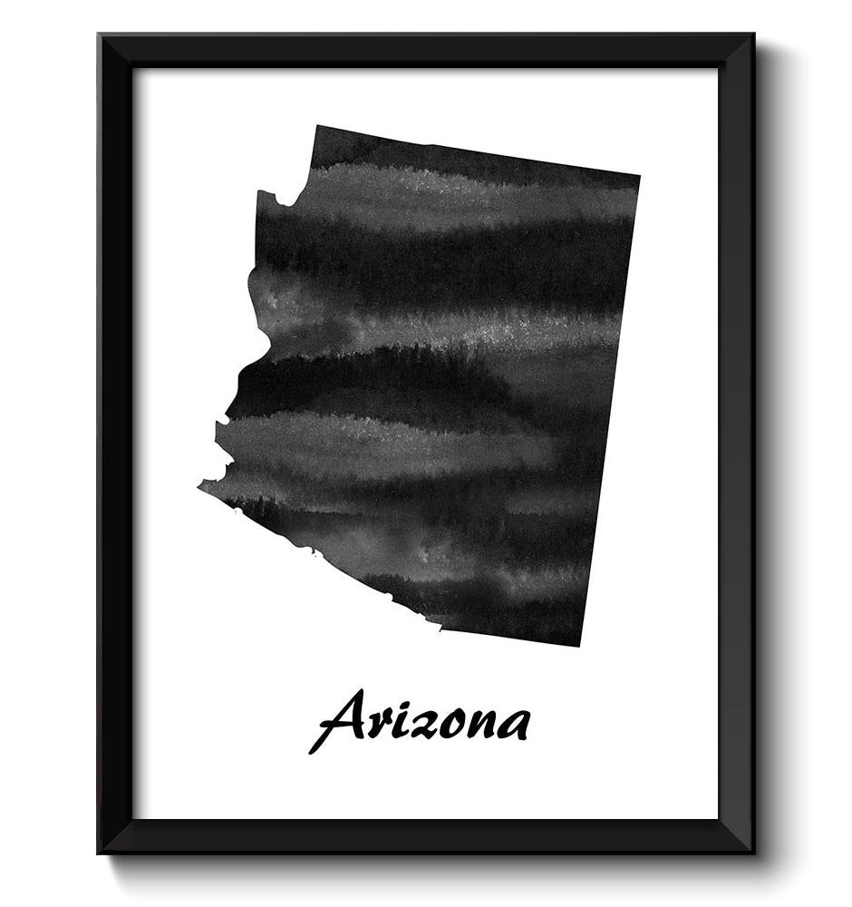 Arizona Map State Watercolor Painting Poster Print USA United States Abstract Landscape Art Black Wh