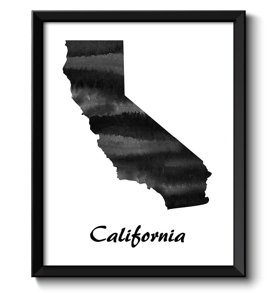 California Map State Watercolor Painting Poster Print USA United States Abstract Landscape Art Black