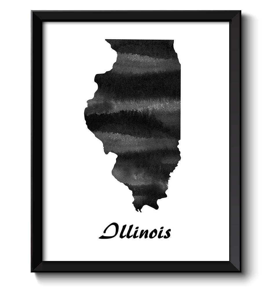 Illinois Map State Watercolor Painting Poster Print USA United States Abstract Landscape Art Black W