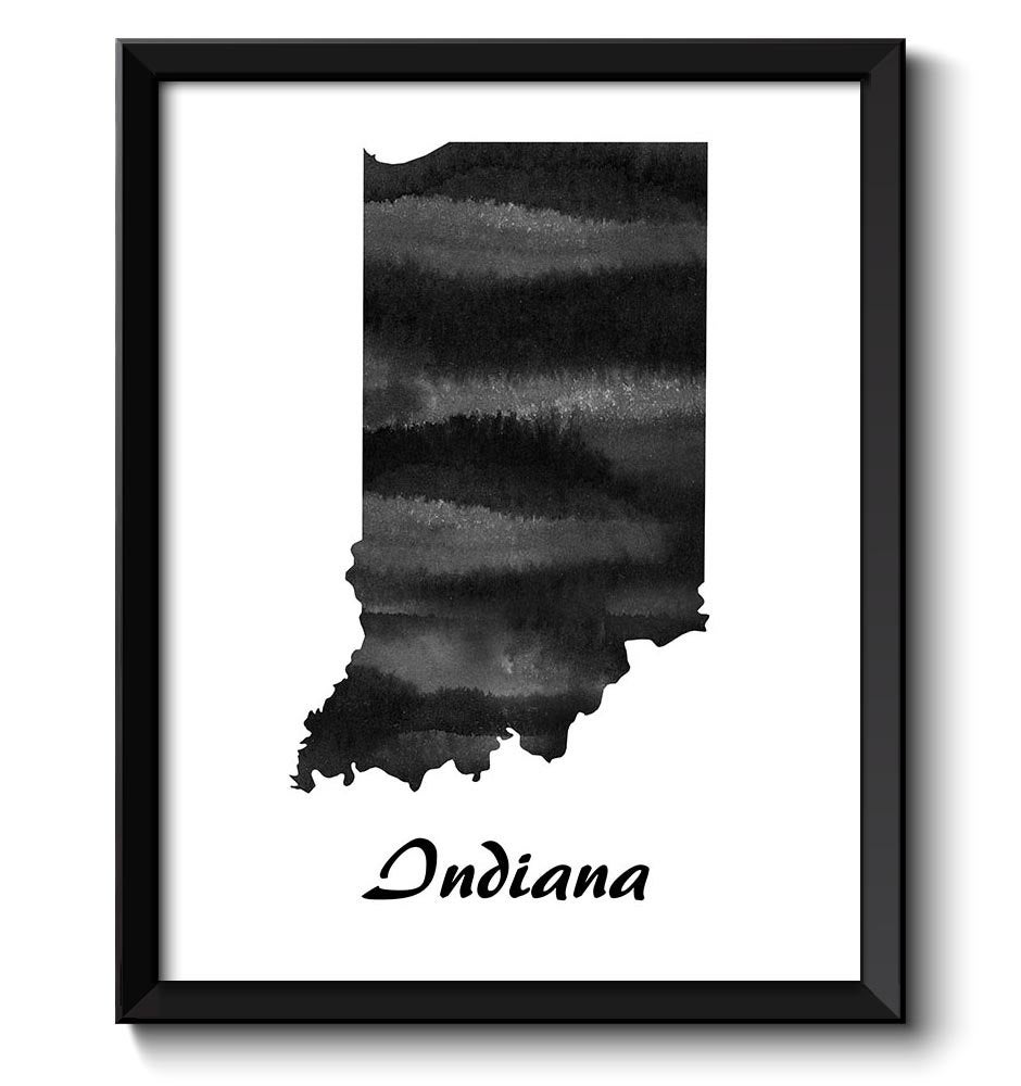 Indiana Map State Watercolor Painting Poster Print USA United States Abstract Landscape Art Black Wh