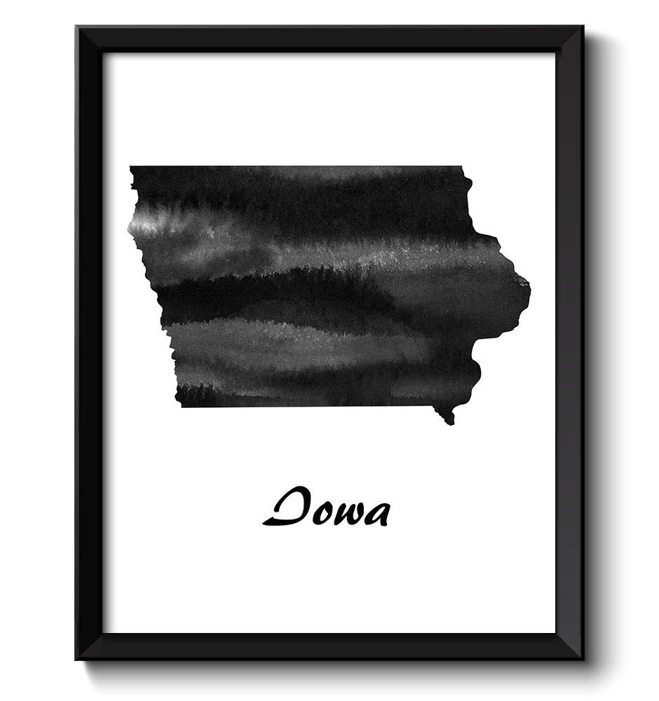 Iowa Map State Watercolor Painting Poster Print USA United States Modern Abstract Landscape Art Blac