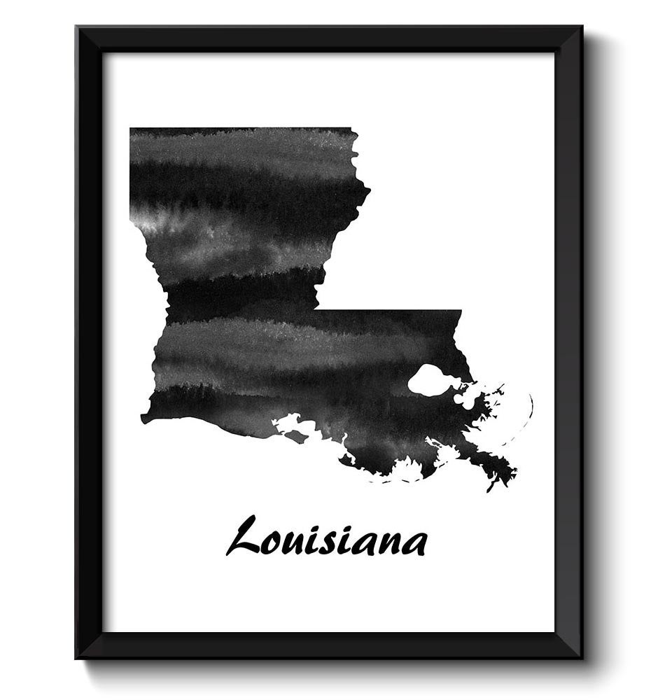 Louisiana Map State Watercolor Painting Poster Print USA United States Abstract Landscape Art Black 