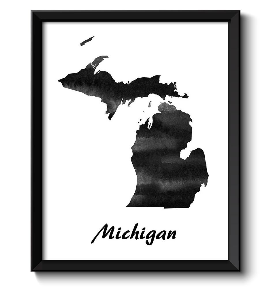 Michigan Map State Watercolor Painting Poster Print USA United States Abstract Landscape Art Black W