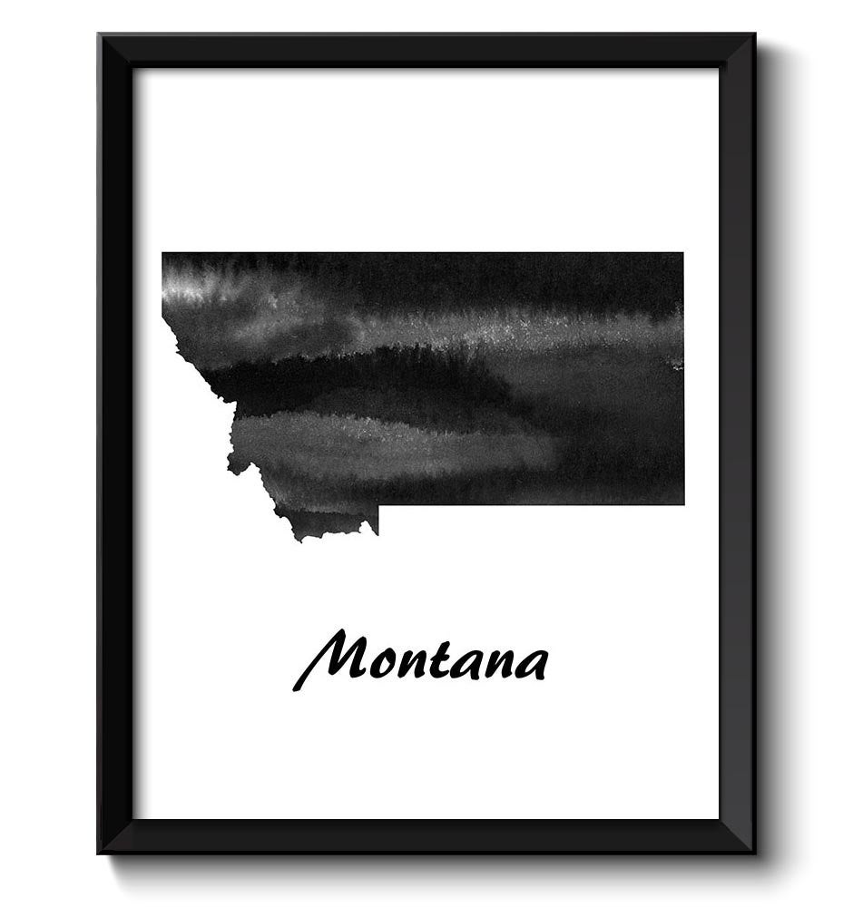 Montana Map State Watercolor Painting Poster Print USA United States Abstract Landscape Art Black Wh