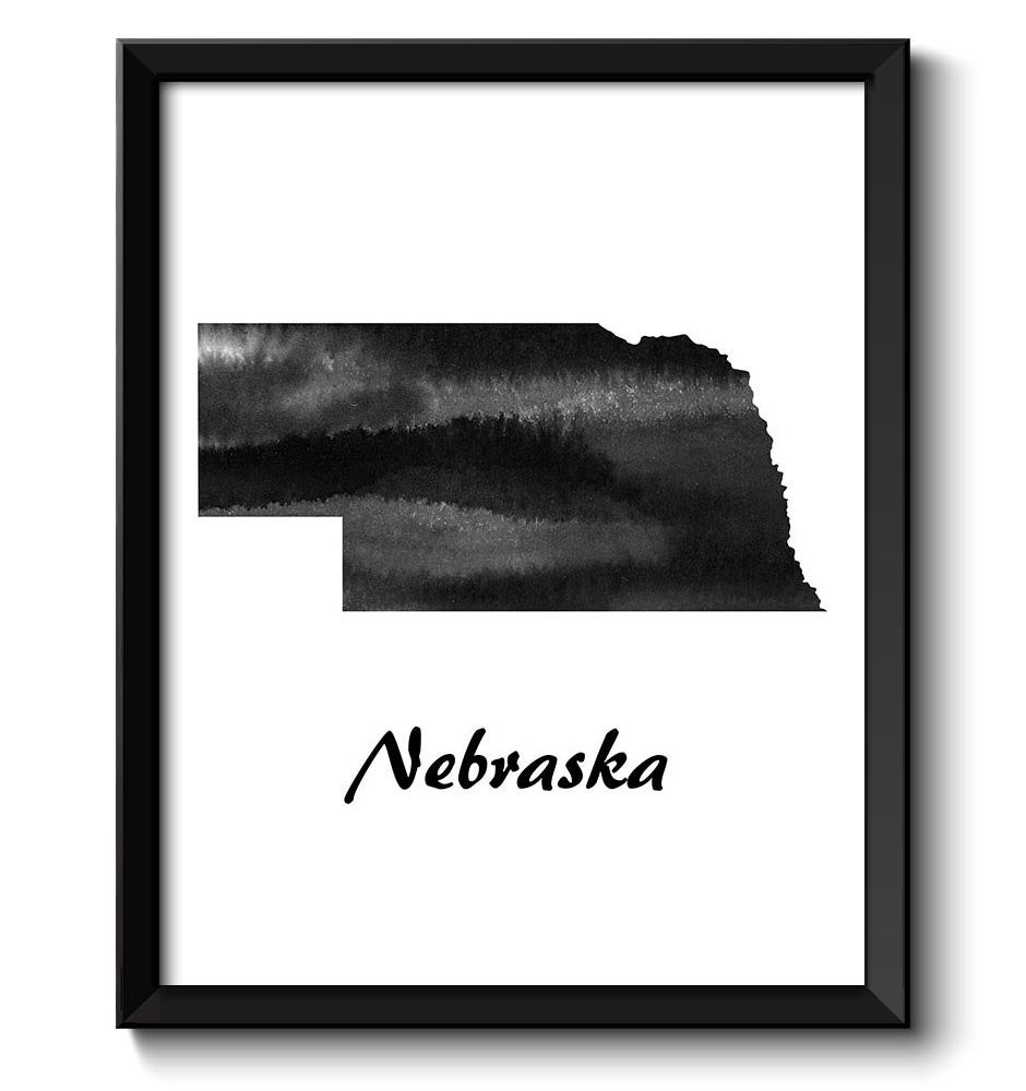 Nebraska Map State Watercolor Painting Poster Print USA United States Abstract Landscape Art Black W