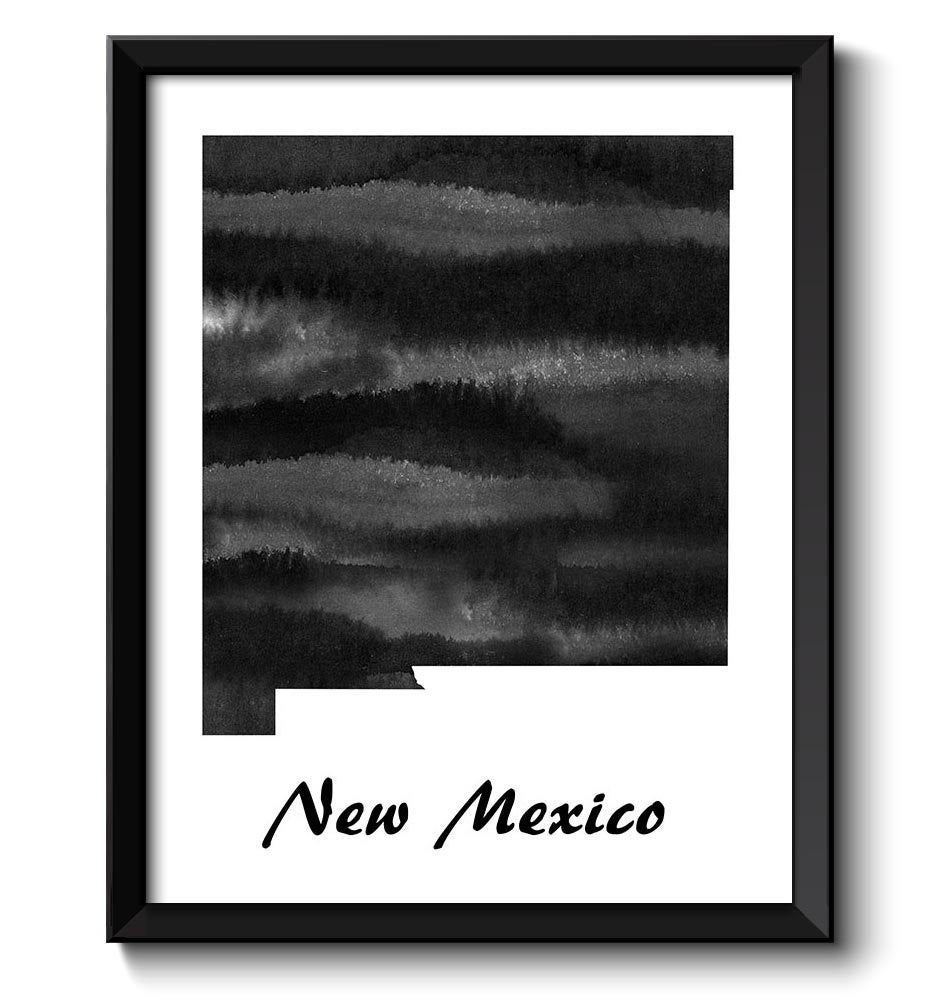 New Mexico Map State Watercolor Painting Poster Print USA United States Abstract Landscape Art Black