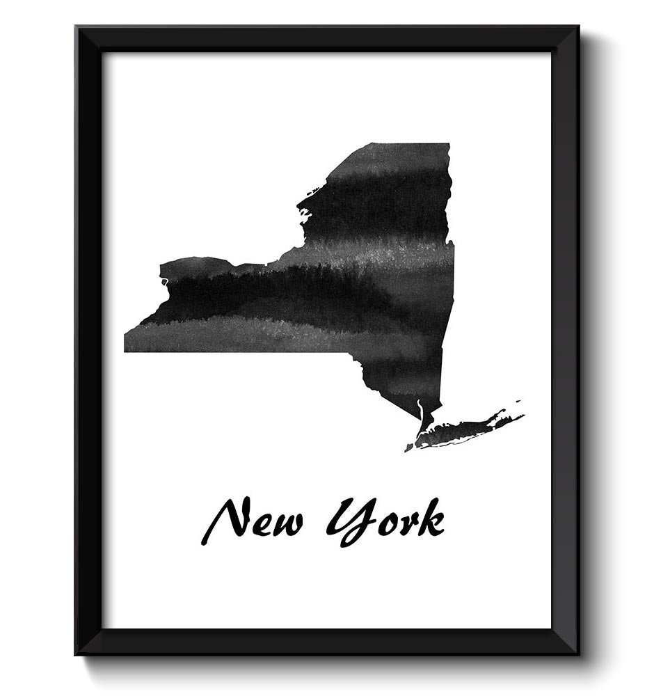 New York Map State Watercolor Painting Poster Print USA United States Abstract Landscape Art Black W