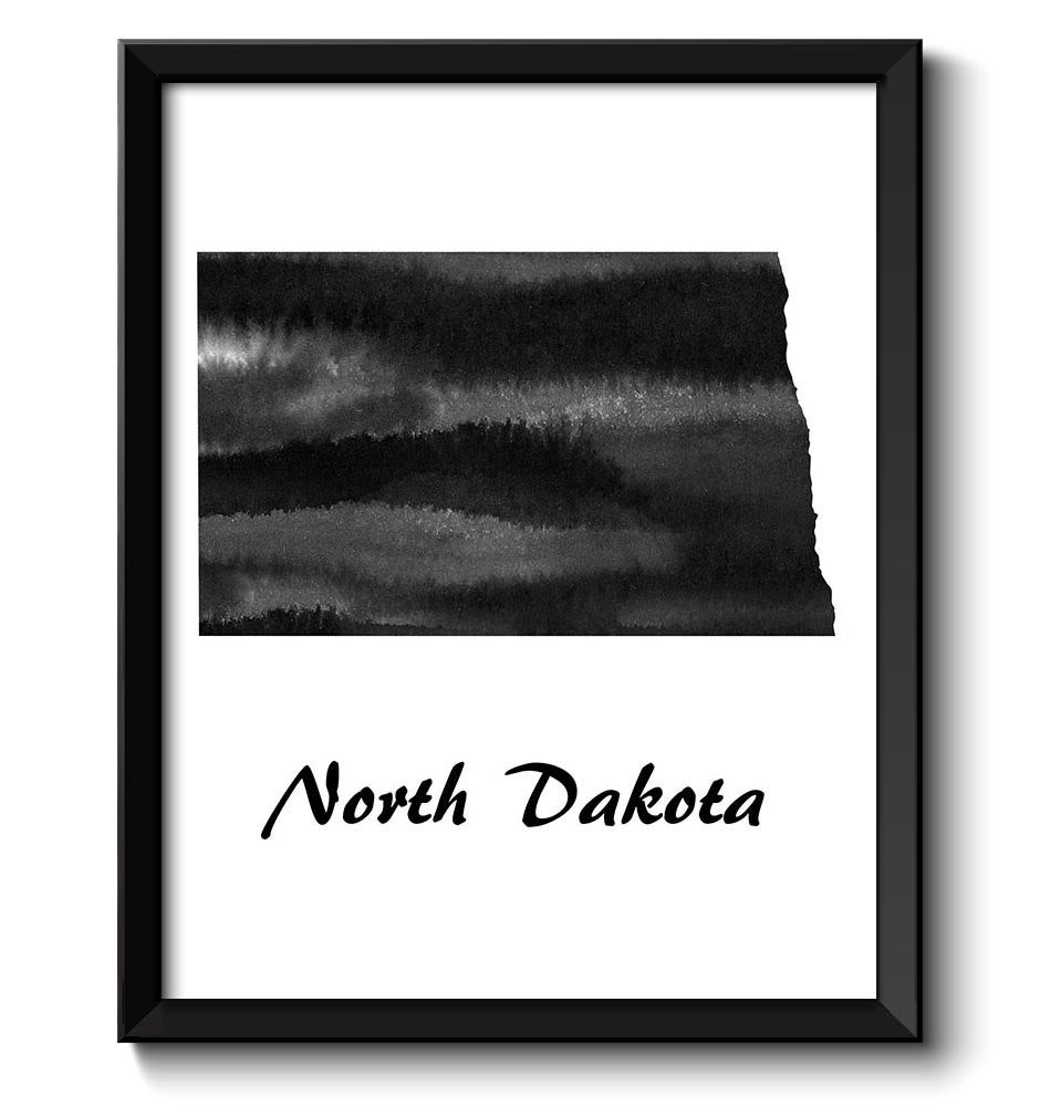 North Dakota Map State Watercolor Painting Poster Print USA United States Abstract Landscape Art Bla