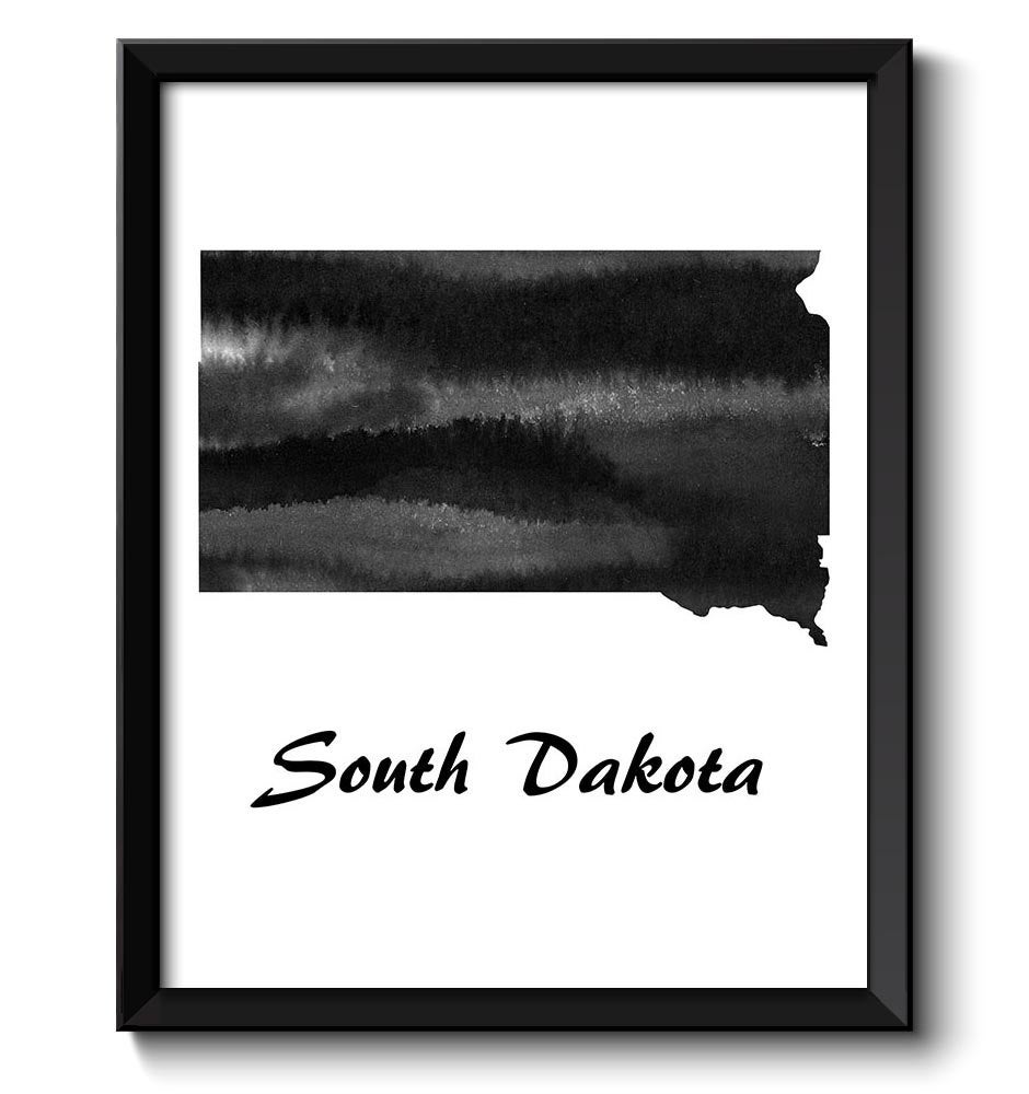 South Dakota Map State Watercolor Painting Poster Print USA United States Abstract Landscape Art Bla