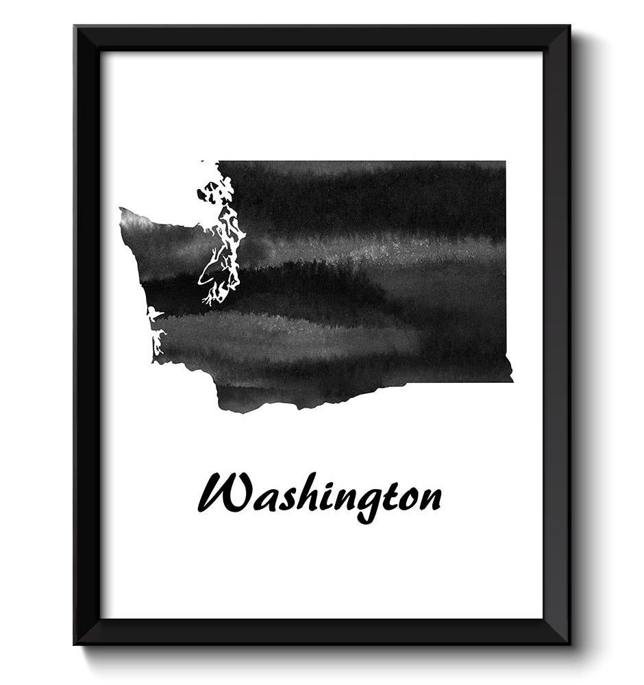 Washington Map State Watercolor Painting Poster Print USA United States Abstract Landscape Art Black