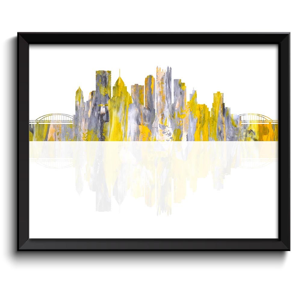 Pittsburgh Skyline Pennsylvania City Yellow Grey Gray Watercolor Cityscape Poster Print Abstract Lan