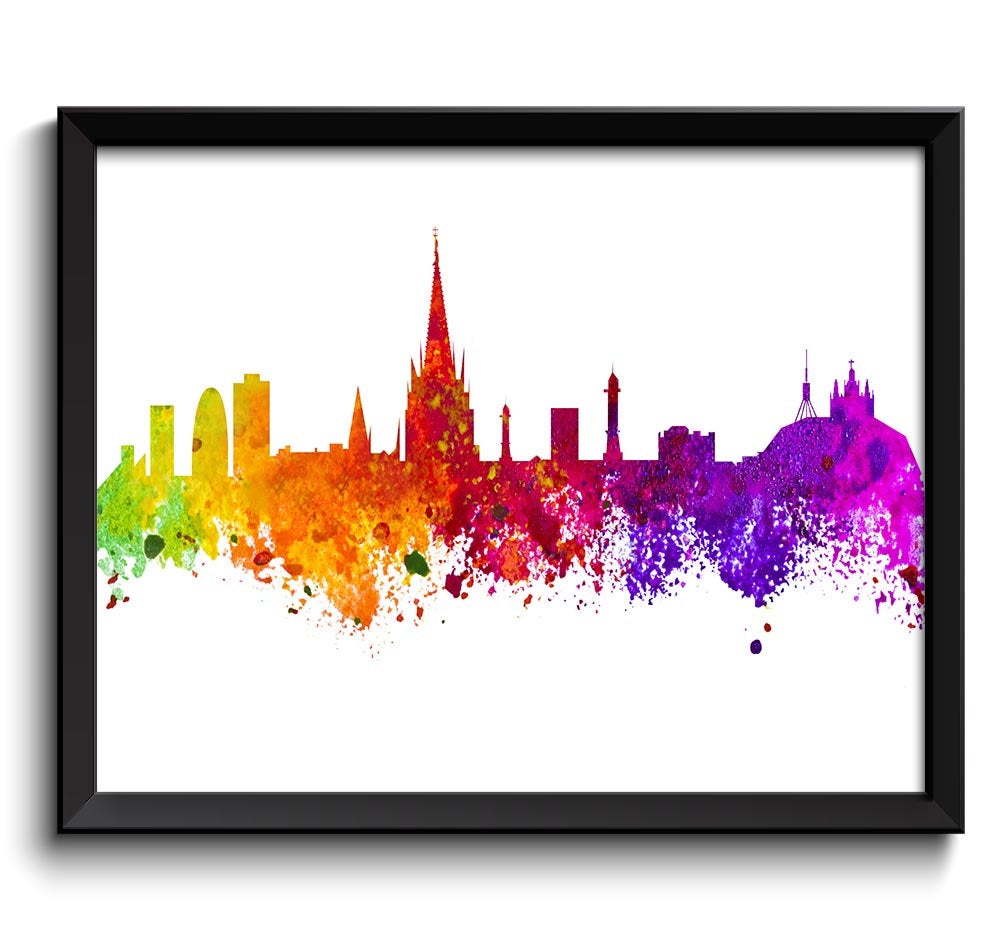 Barcelona Skyline Colorful Spain Europe Watercolor Cityscape Poster Print Landscape Art Painting Red