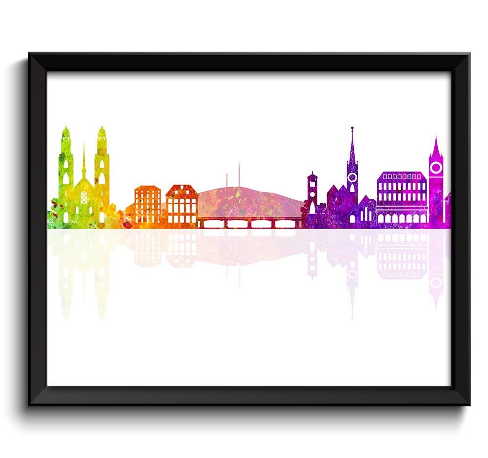 Zurich Skyline Painting Art Poster Print Zurich Wall Decor Zurich Wall Art Colorful Rainbow Switzerl