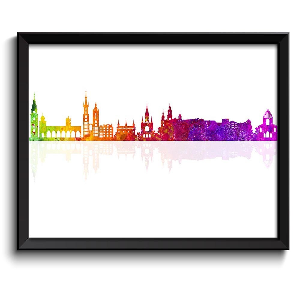 Krakow Skyline Painting Wall Art Poster Print Krakow Wall Decor Colorful Rainbow Poland City Citysca