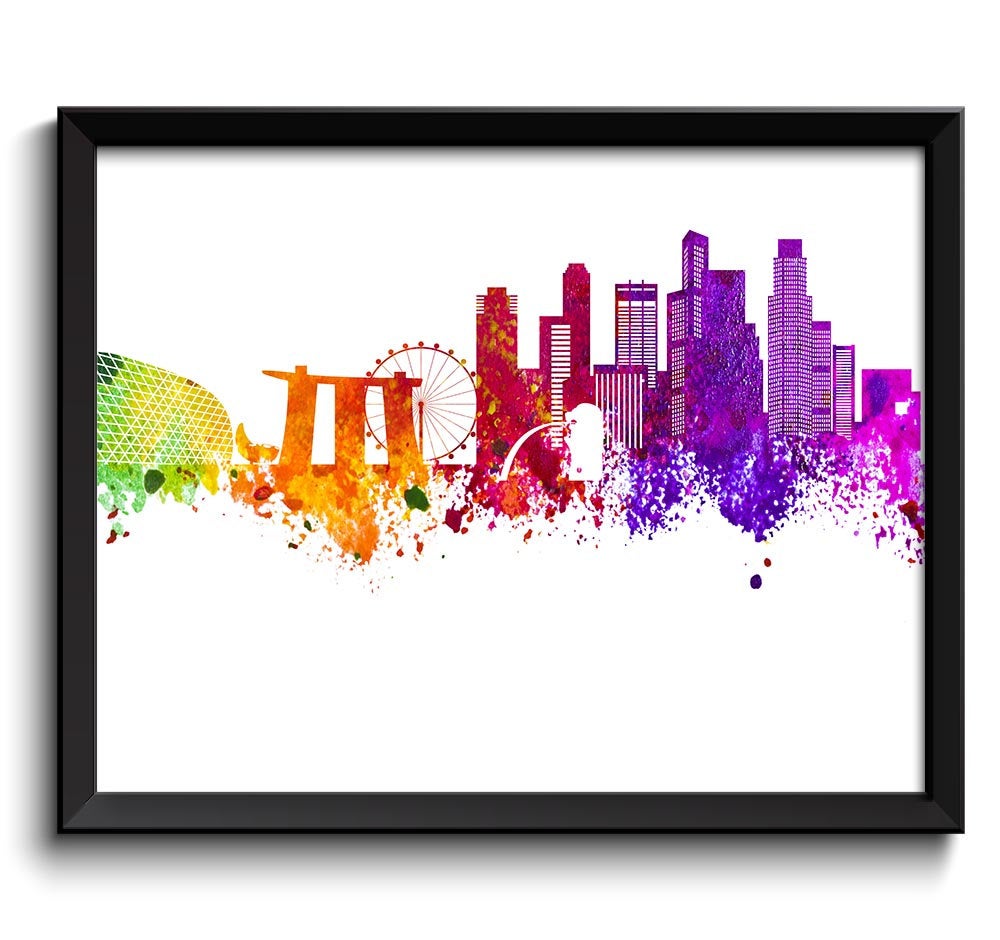 Singapore Skyline Painting Poster Print Singapore Wall Decor Singapore Art  Green Yellow Pink Red Pu