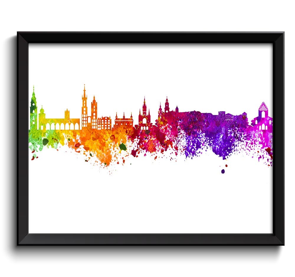 Krakow Skyline Painting Poster Print Krakow Wall Decor Wall Art Green Yellow Pink Red Purple Pink Po