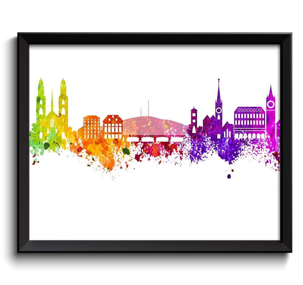 Zurich Skyline Painting Poster Print Wall Decor Wall Art Green Yellow Pink Red Purple Pink Switzerla