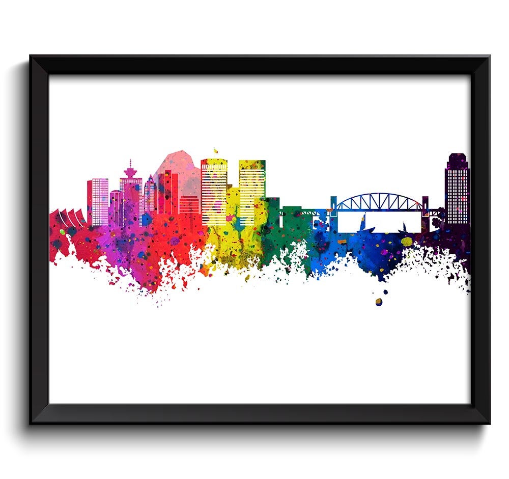 Vancouver Skyline Painting Poster Print Wall Decor Wall Art Green Yellow Pink Red Purple Pink Orange