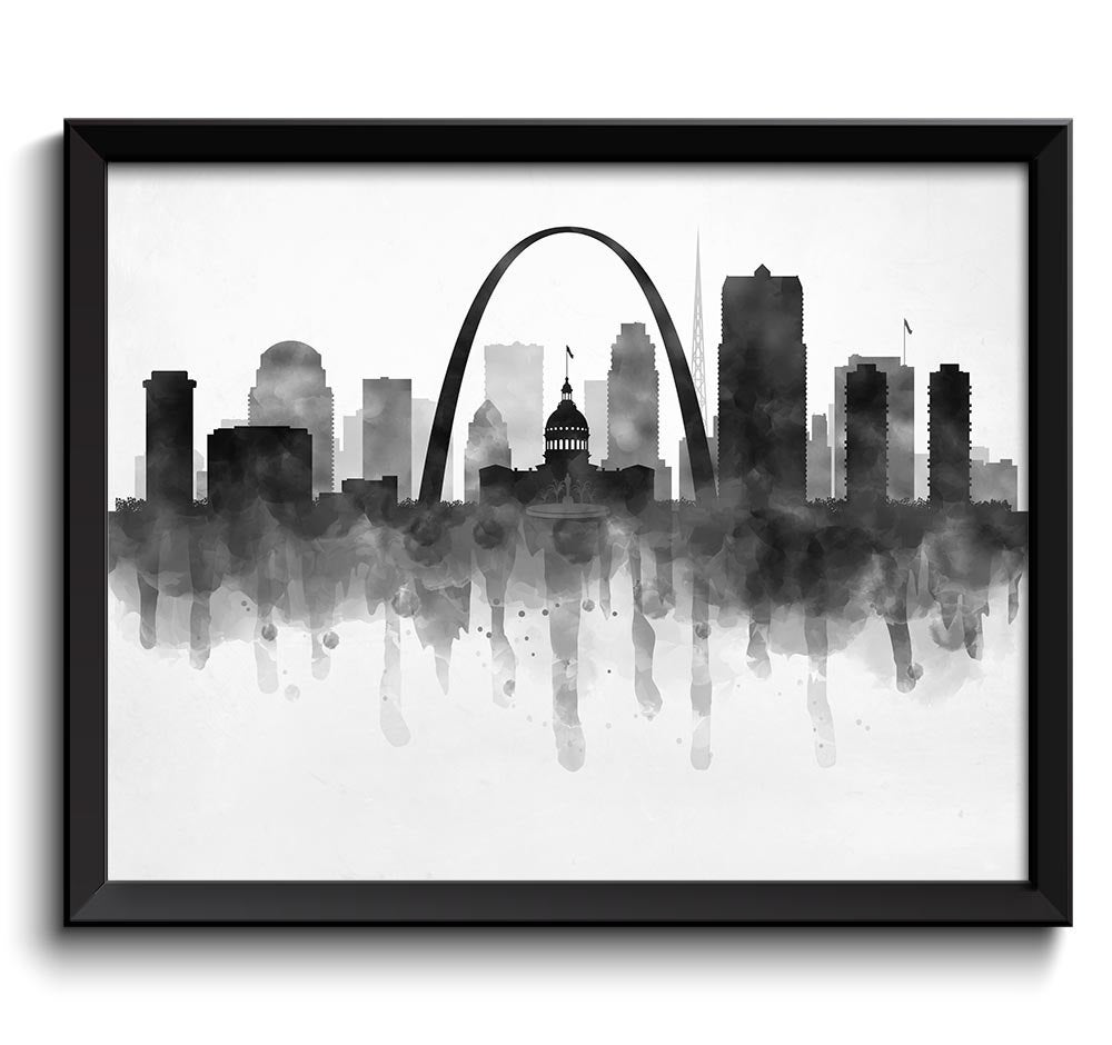 Saint Louis Skyline Missouri USA United States Cityscape Art Print Poster Black White Grey Watercolo