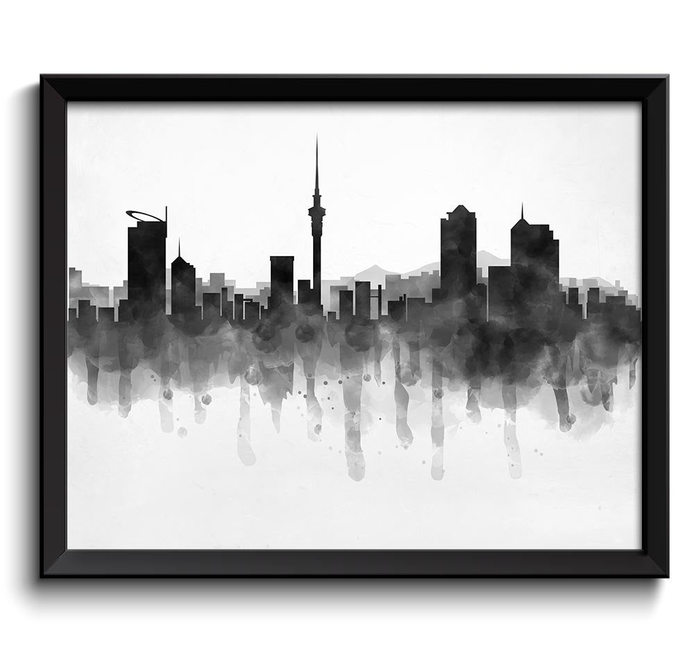 Auckland Skyline New Zealand Cityscape Art Print Poster Black White Grey Watercolor Painting