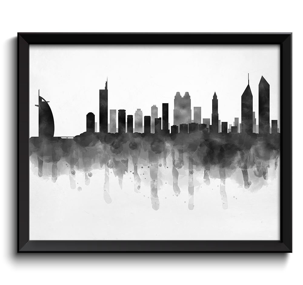 Dubai Skyline United Arab Emirates Cityscape Art Print Poster Black White Grey Watercolor Painting