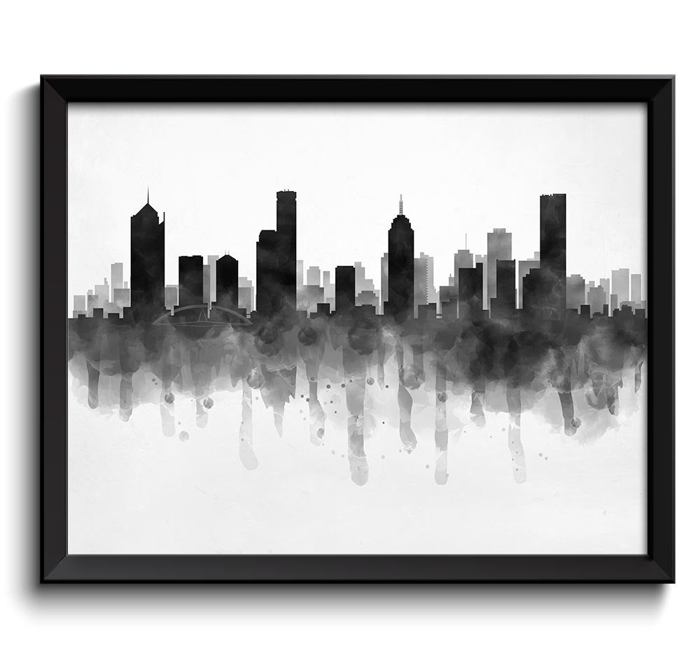 Melbourne Skyline Australia Cityscape Art Print Poster Black White Grey Watercolor Painting