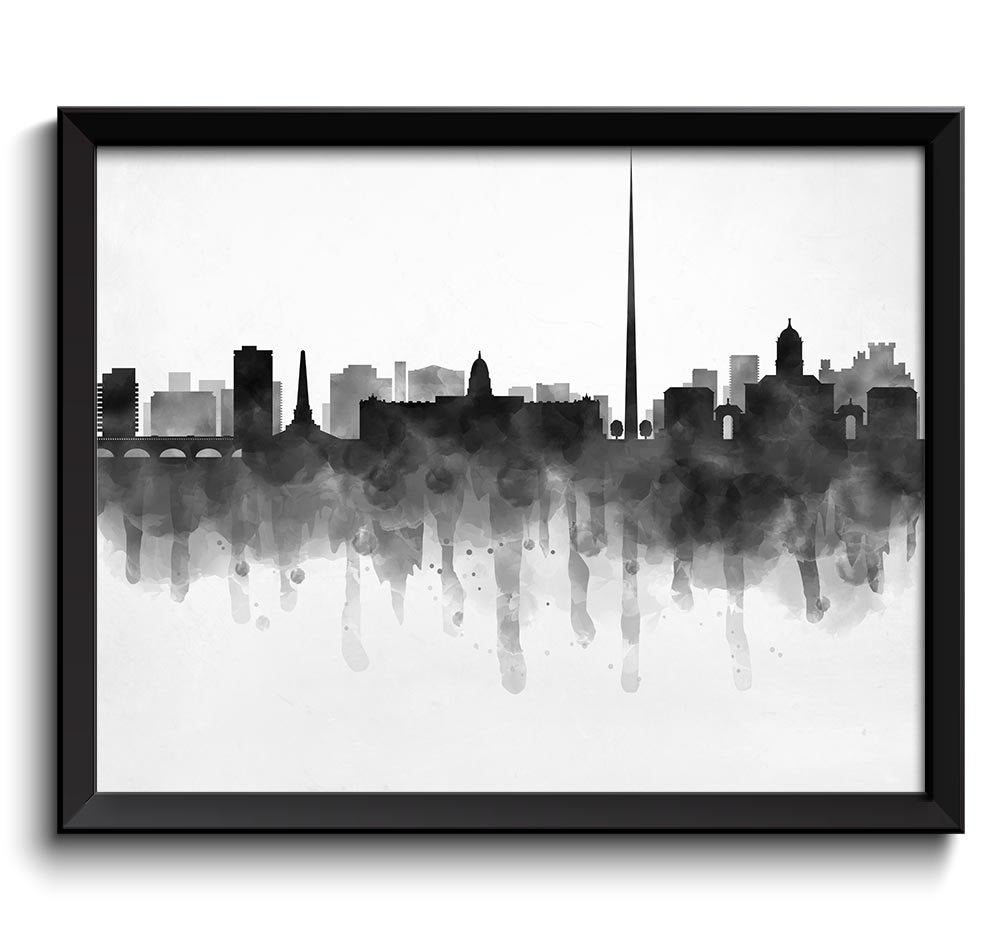 Dublin Skyline Ireland Europe Cityscape Art Print Poster Black White Grey Watercolor Painting