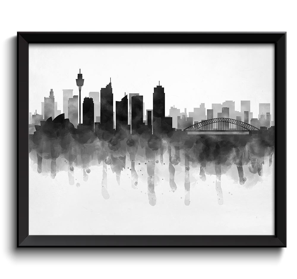 Sydney Skyline Australia Cityscape Art Print Poster Black White Grey Watercolor Painting