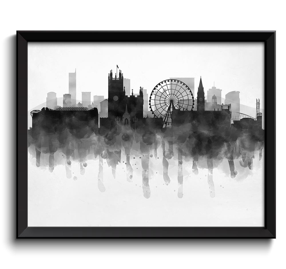 Manchester Skyline England Europe Cityscape Art Print Poster Black White Grey Watercolor Painting