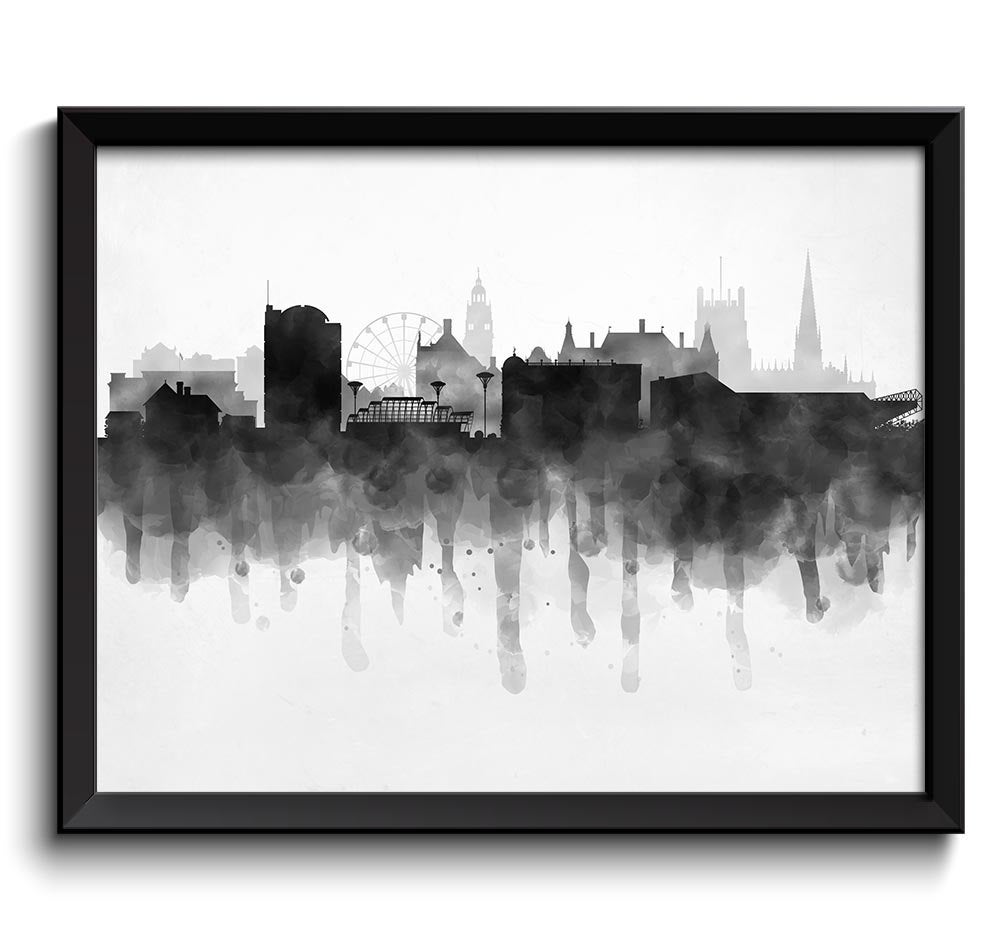 Sheffield Skyline England Europe Cityscape Art Print Poster Black White Grey Watercolor Painting