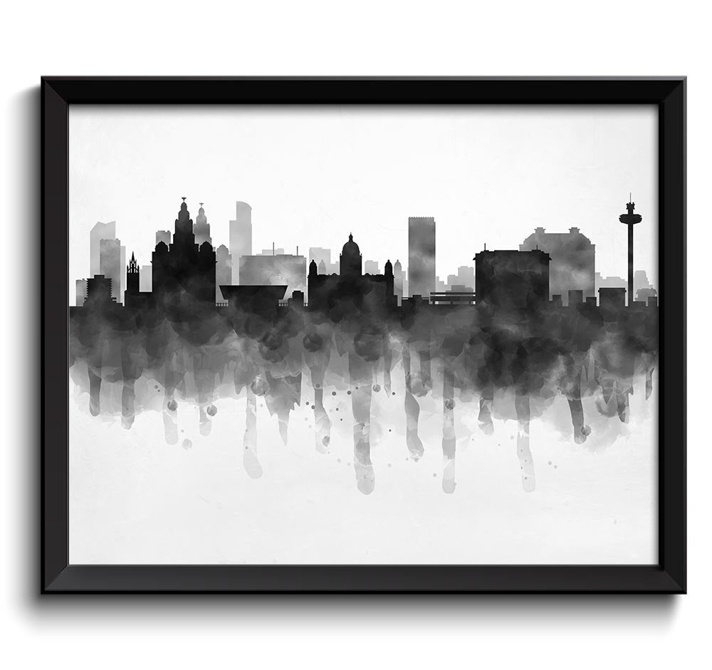 Liverpool Skyline England Europe Cityscape Art Print Poster Black White Grey Watercolor Painting