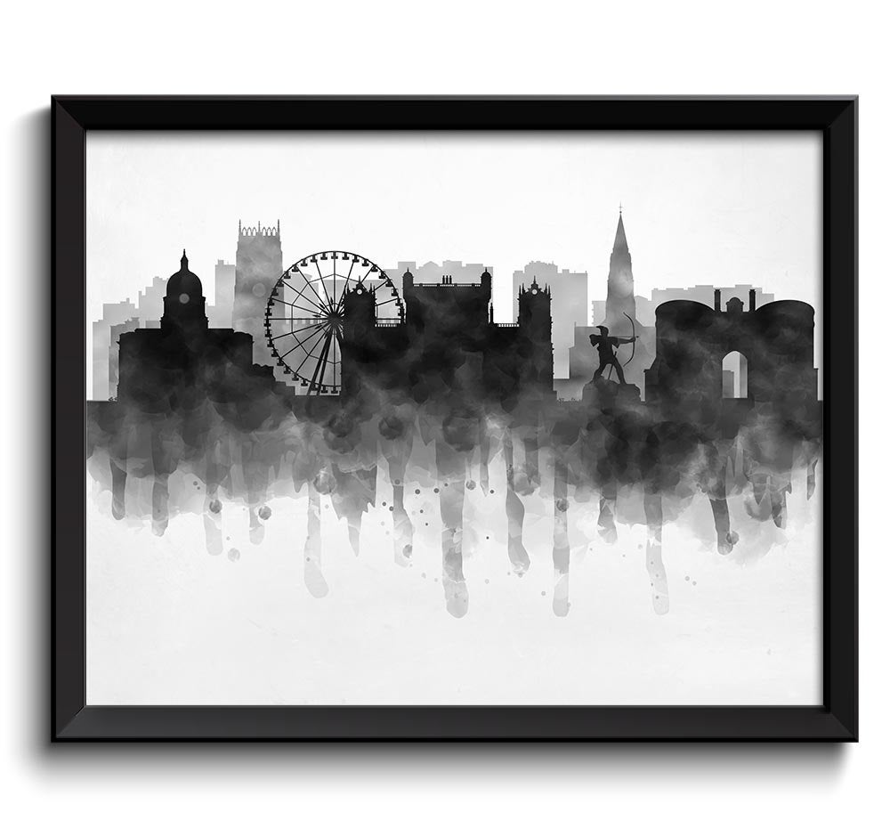 Nottingham Skyline England Europe Cityscape Art Print Poster Black White Grey Watercolor Painting