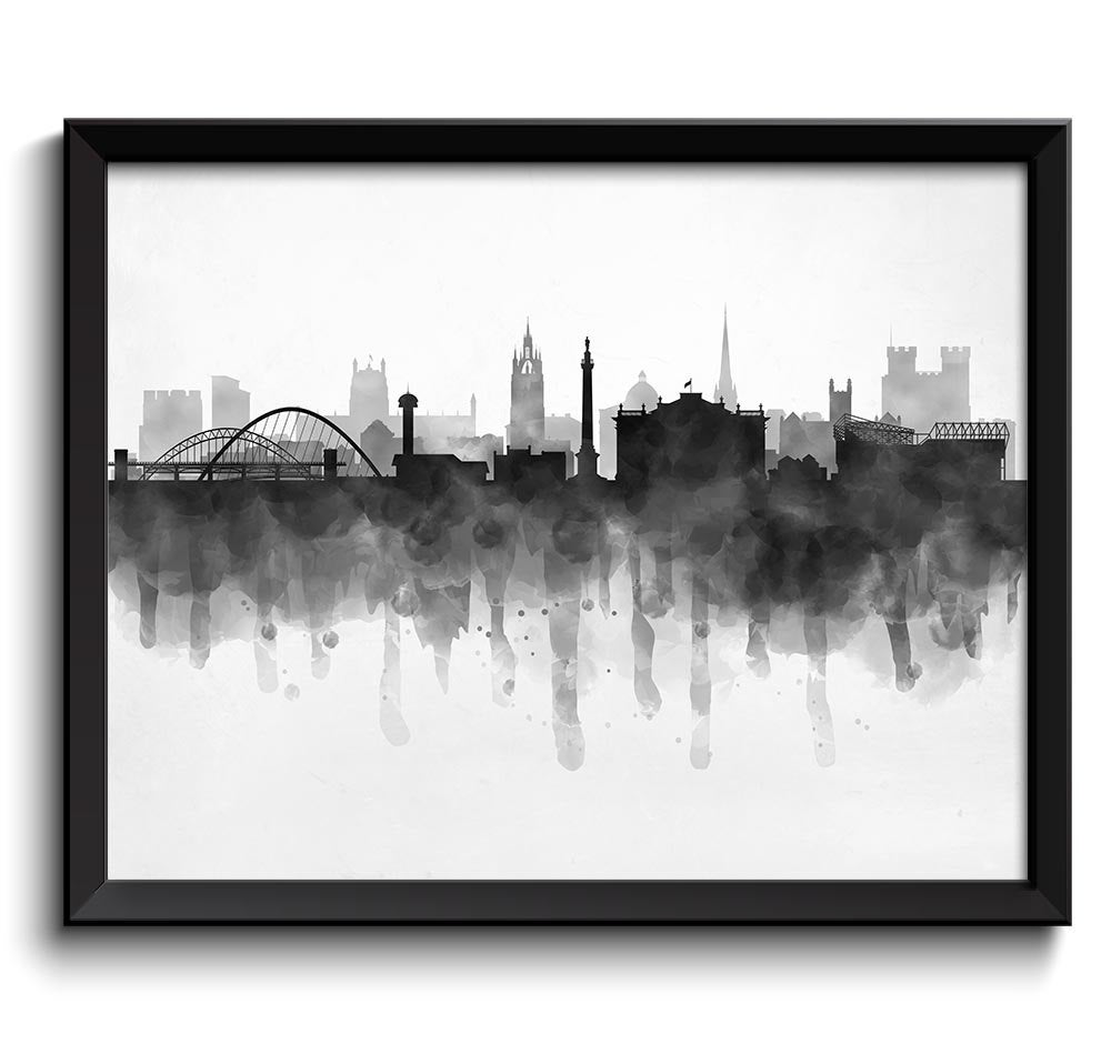 Newcastle Skyline England Europe Cityscape Art Print Poster Black White Grey Watercolor Painting