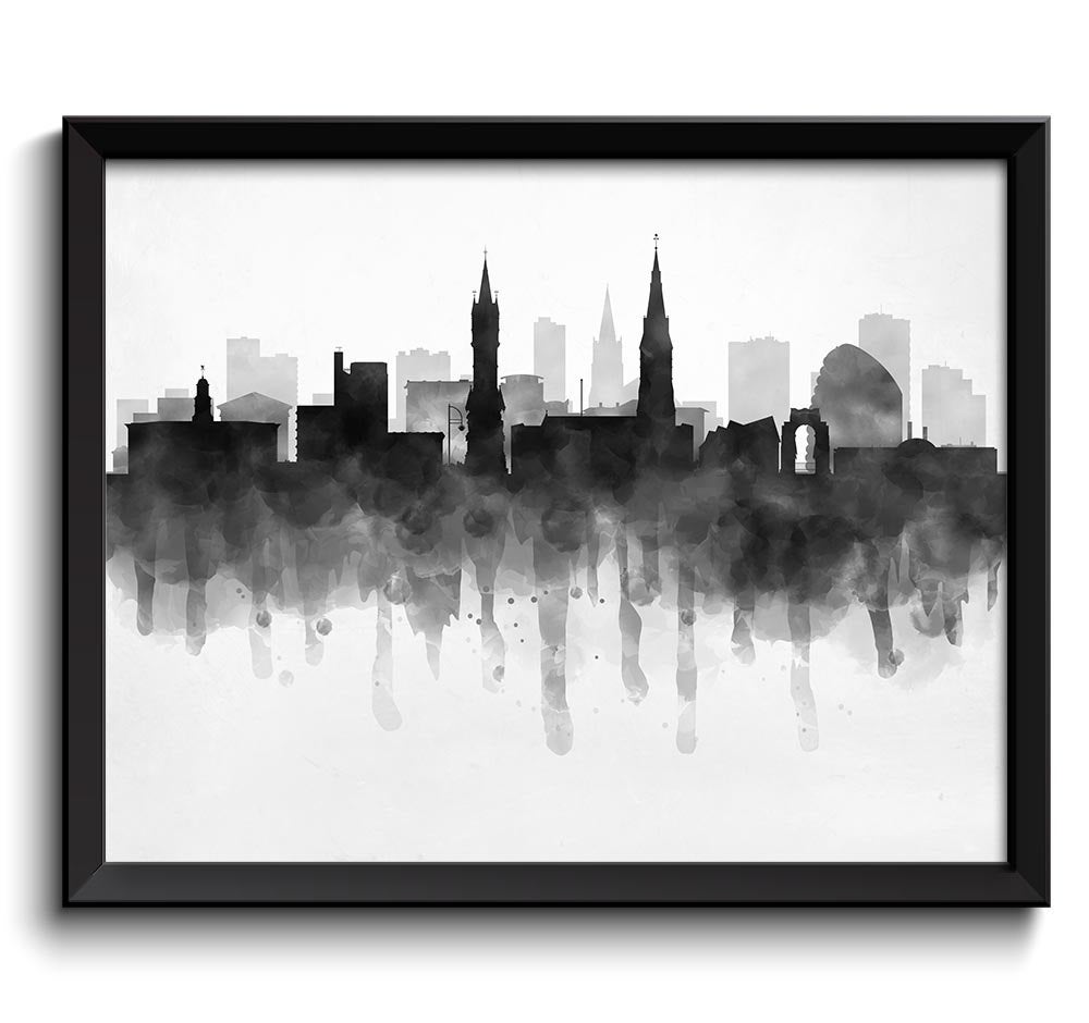 Leicester Skyline England Europe Cityscape Art Print Poster Black White Grey Watercolor Painting