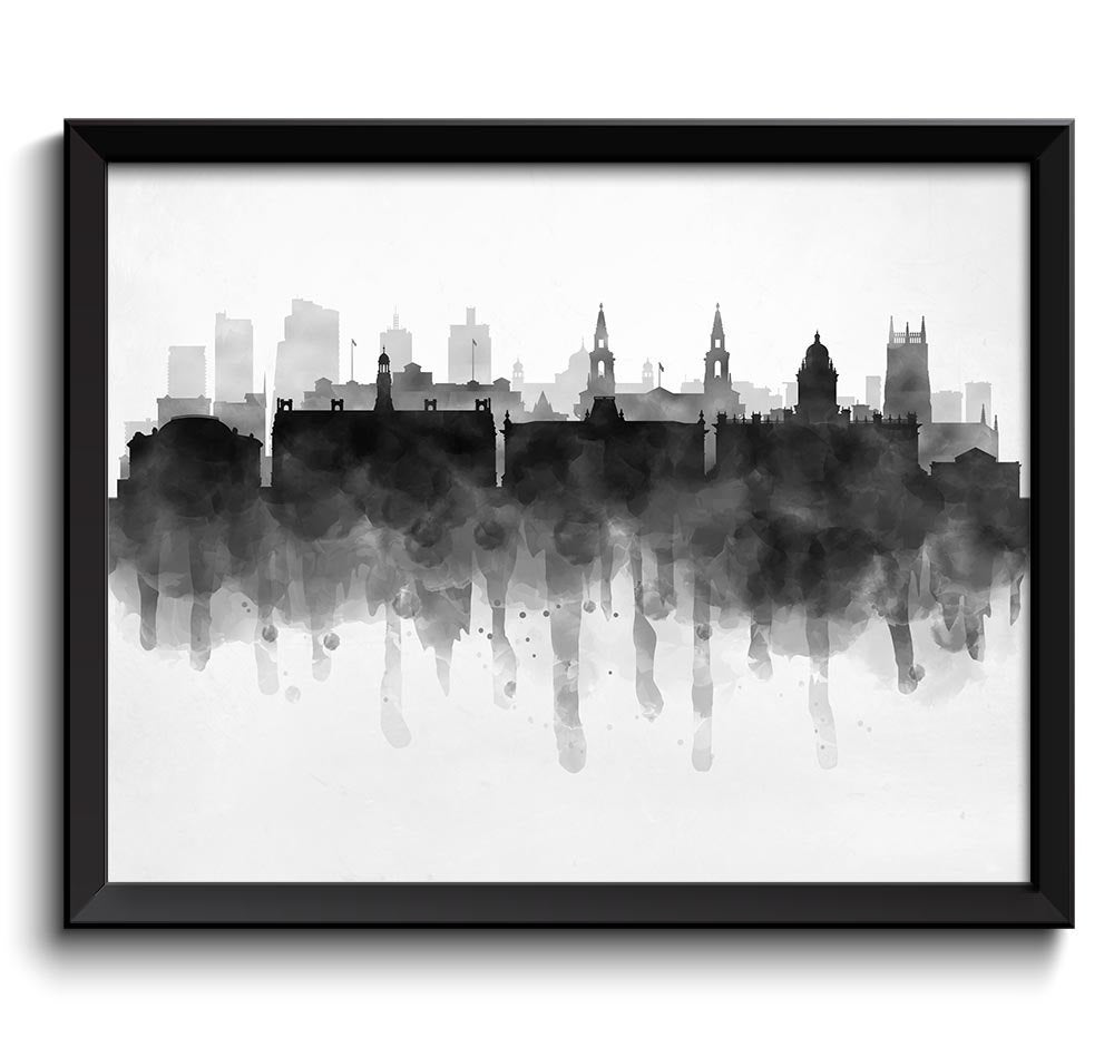 Leeds Skyline England Europe Cityscape Art Print Poster Black White Grey Watercolor Painting