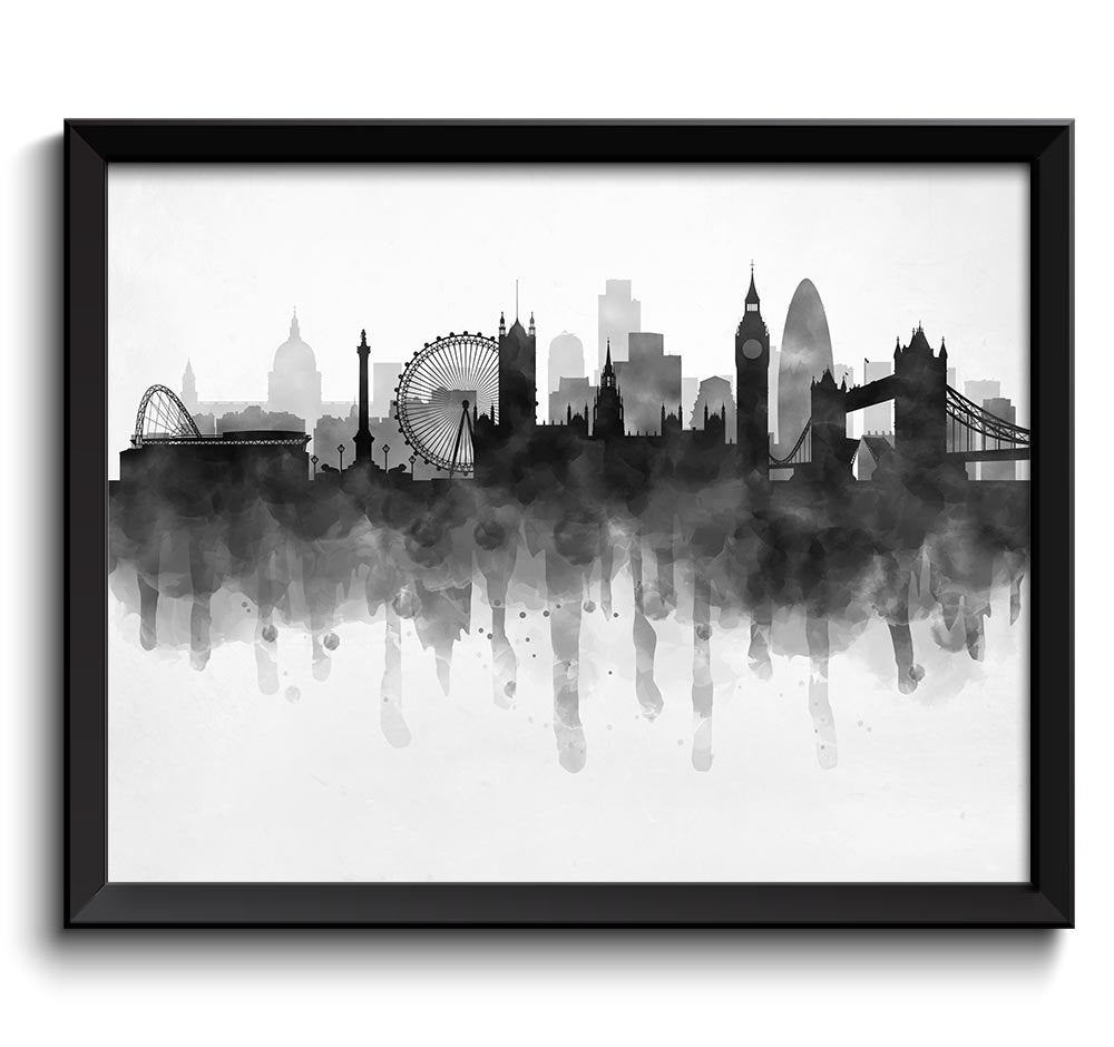 London Skyline England Europe Cityscape Art Print Poster Black White Grey Watercolor Painting