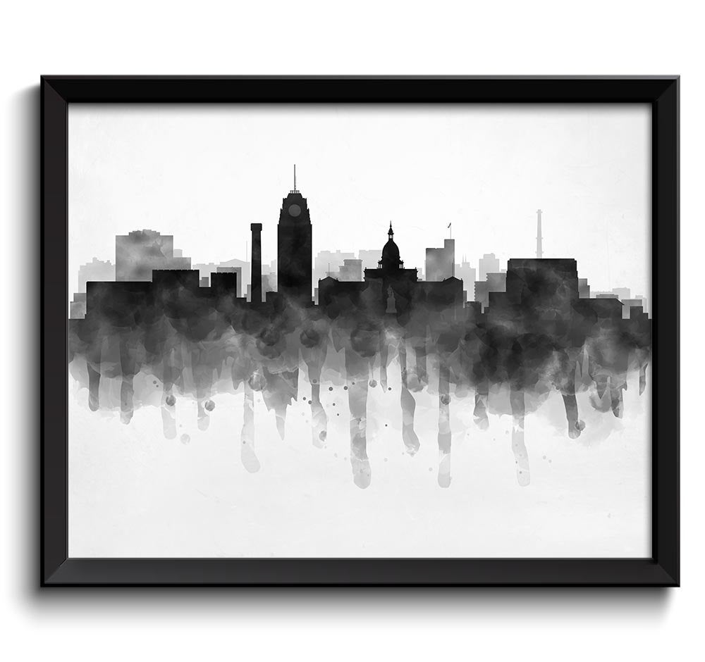 Lansing Skyline Michigan USA United States Cityscape Art Print Poster Black White Grey Watercolor Pa