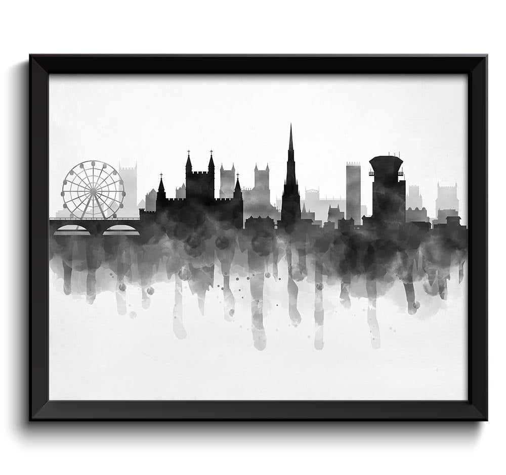 Bristol Skyline England Europe Cityscape Art Print Poster Black White Grey Watercolor Painting